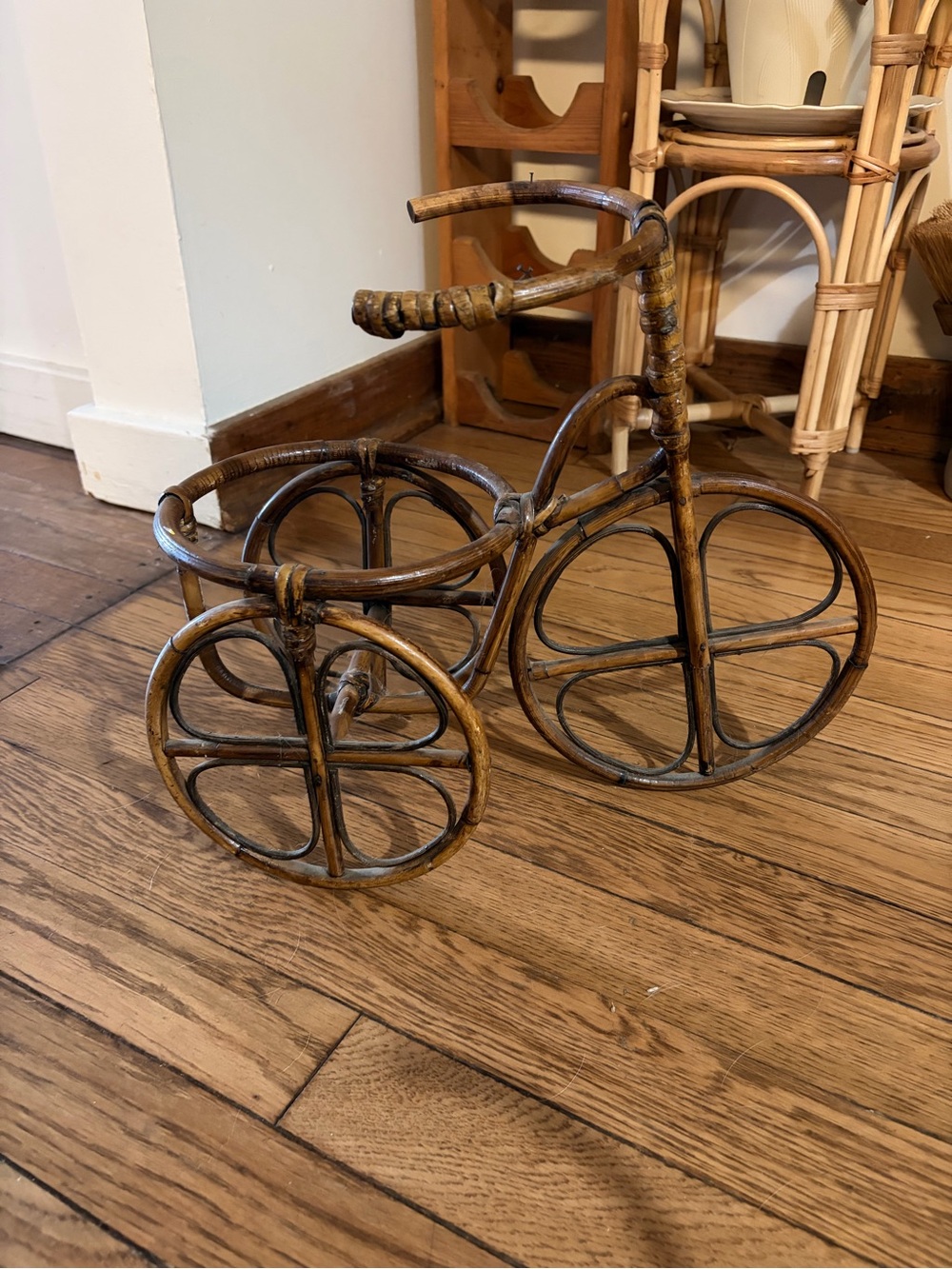 Handcrafted Brown Rattan Tricycle Decorative Planter